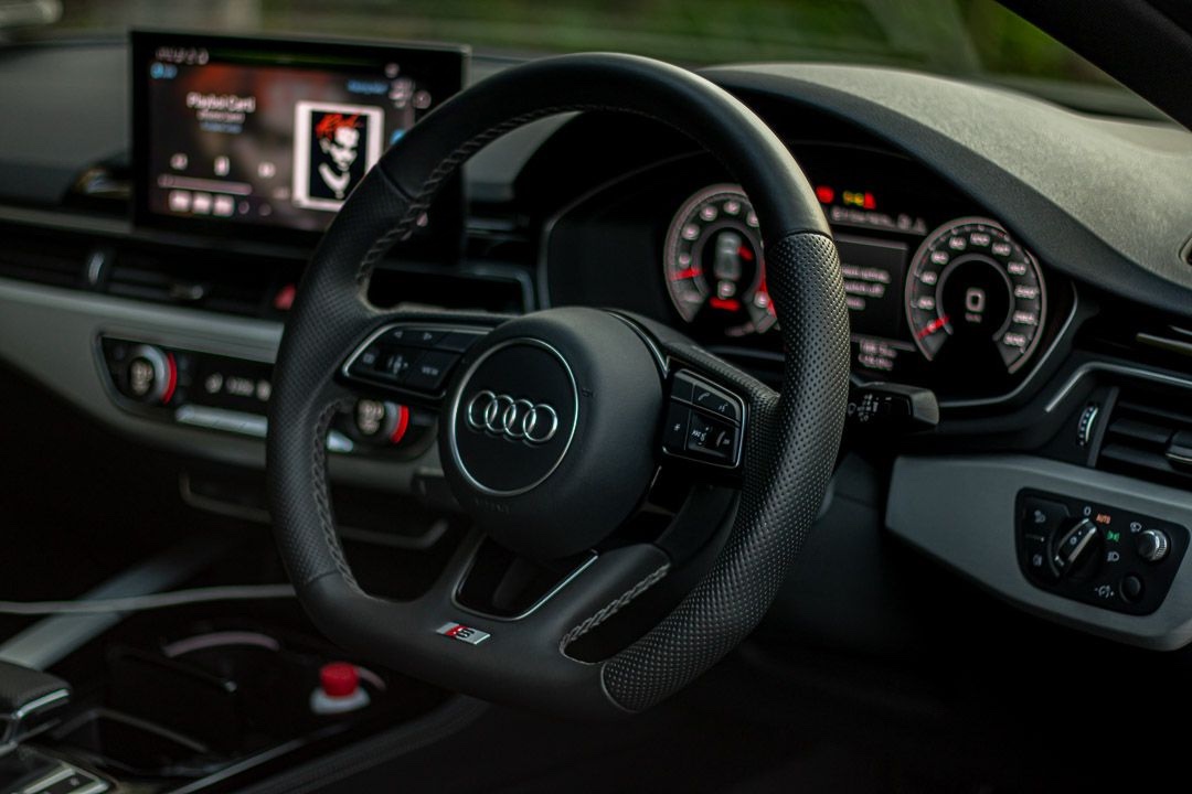 Detailed Audi interior, dashboard and steering wheel
